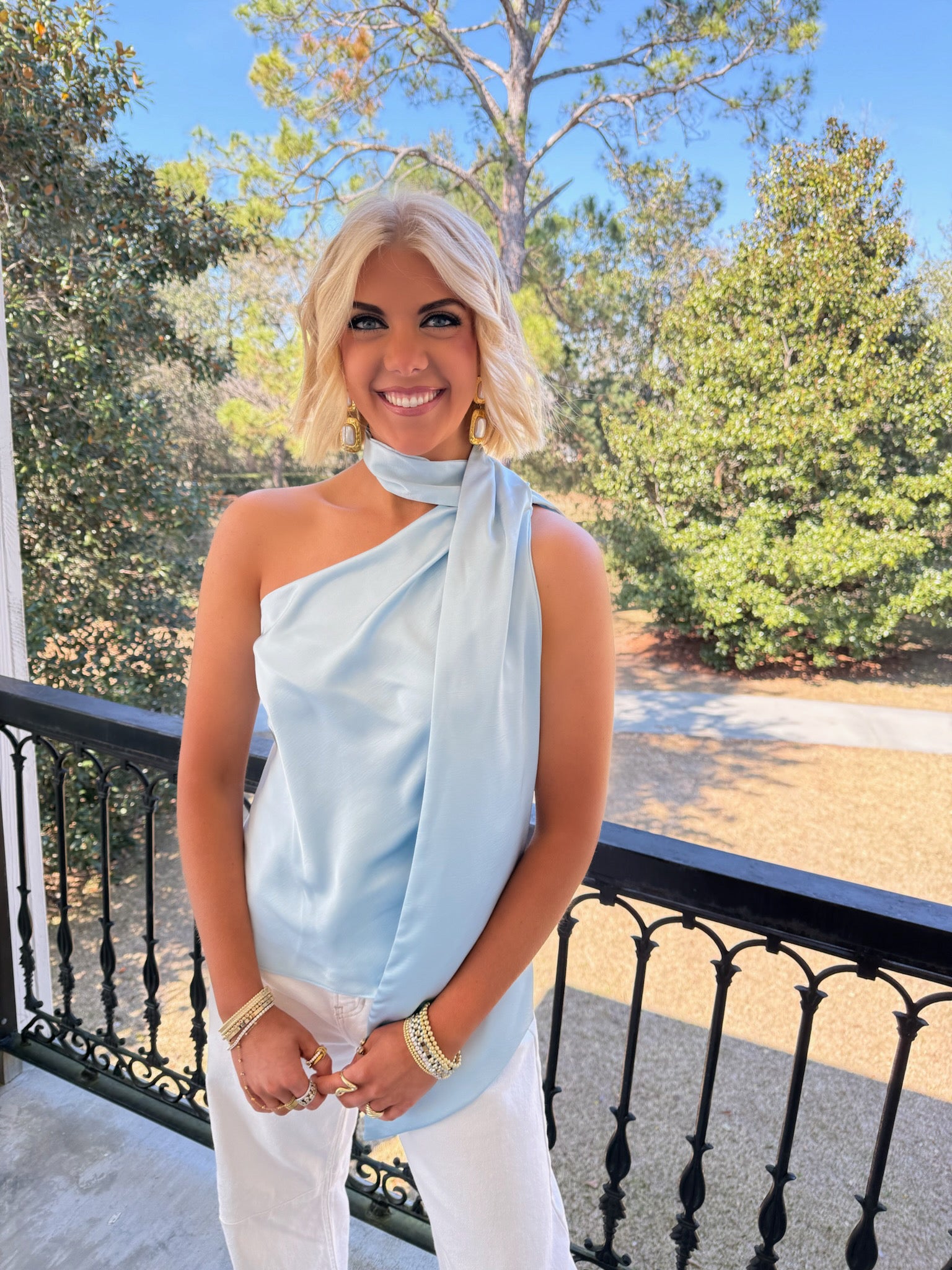 Lyla Satin Scarf Top- Baby Blue