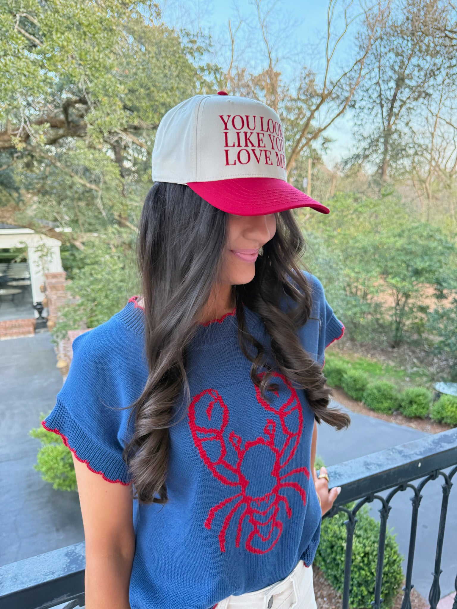 Love Me Embroidered Trucker Hat - Ivory & Red