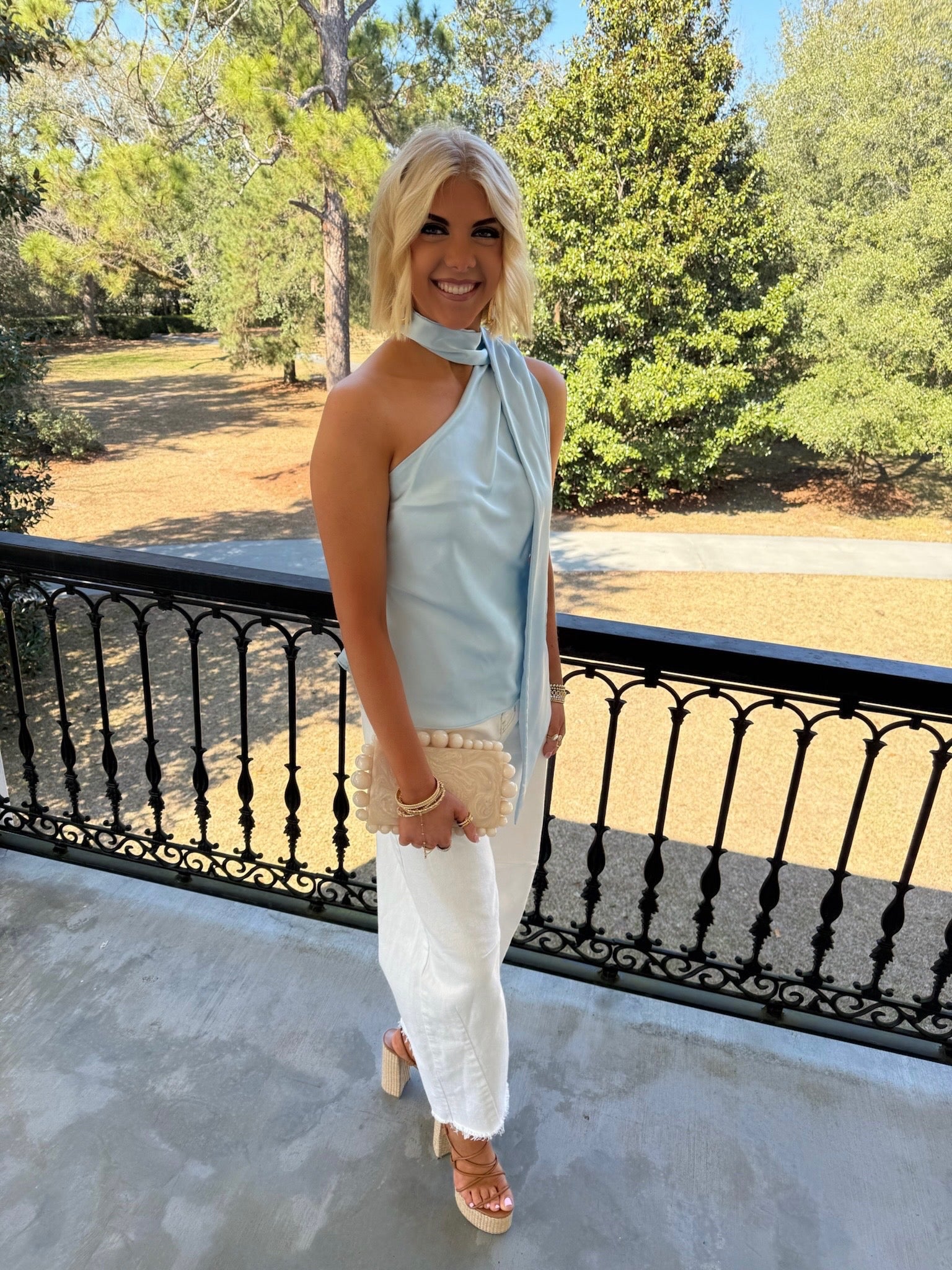 Lyla Satin Scarf Top- Baby Blue