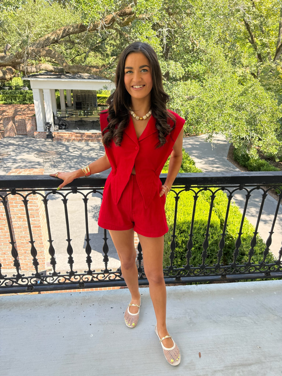 Bullet Denim Romper - Red