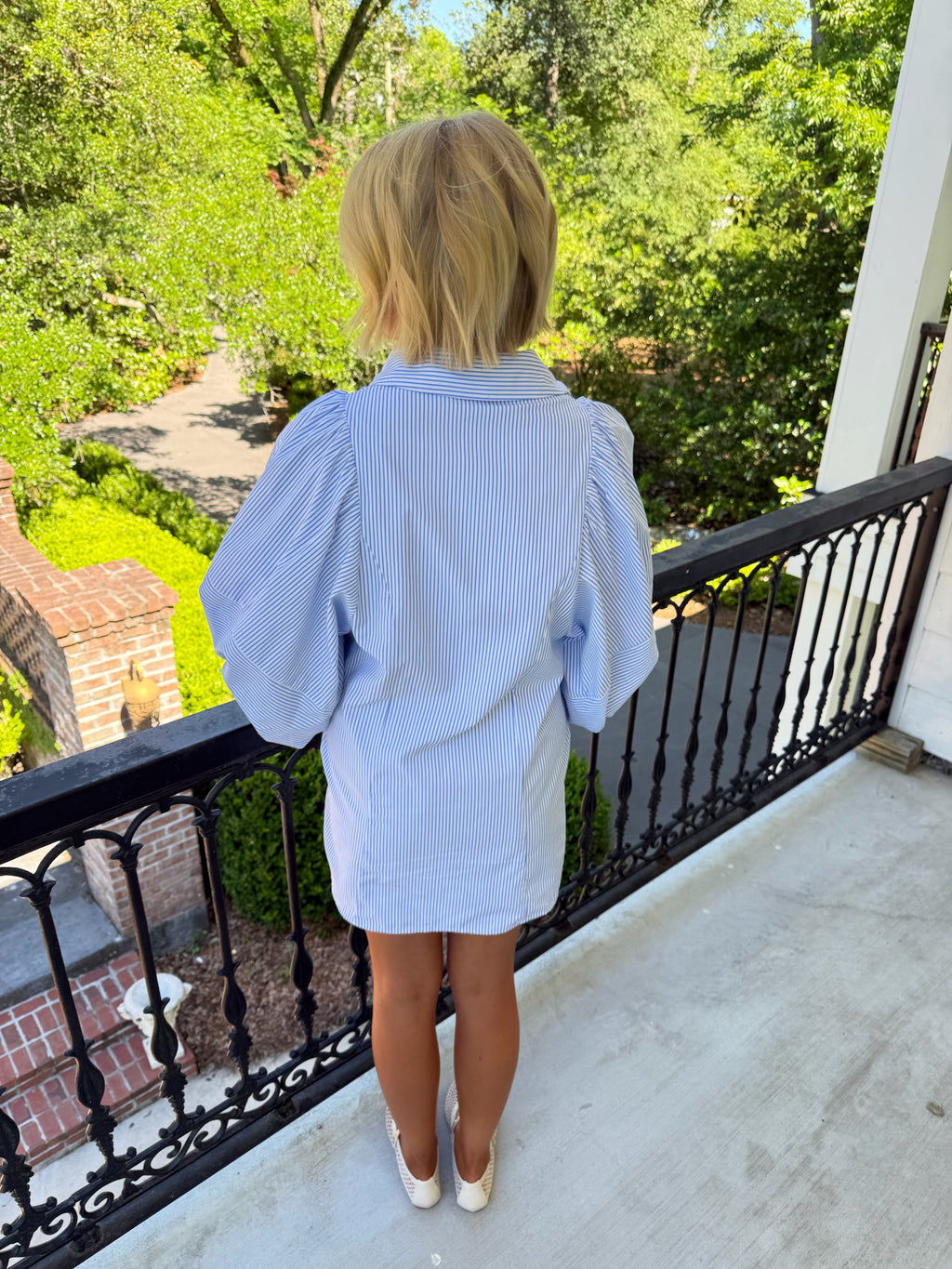 Dolly Puff Sleeve Poplin Dress - Blue Stripe