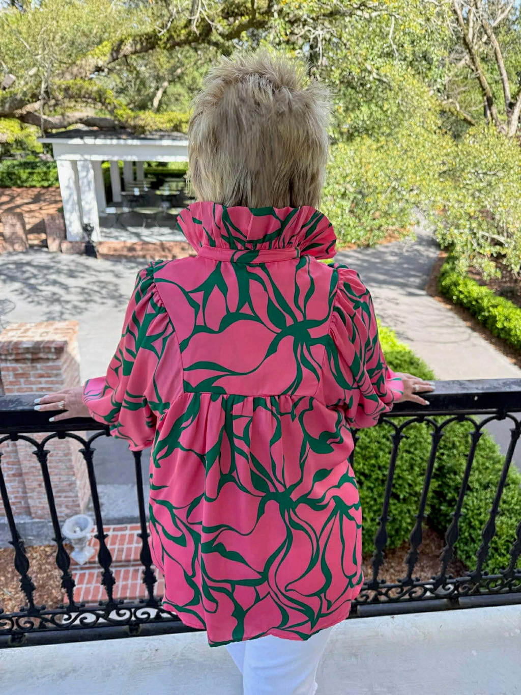 Morgan Pop Collar Top - Pink & Green