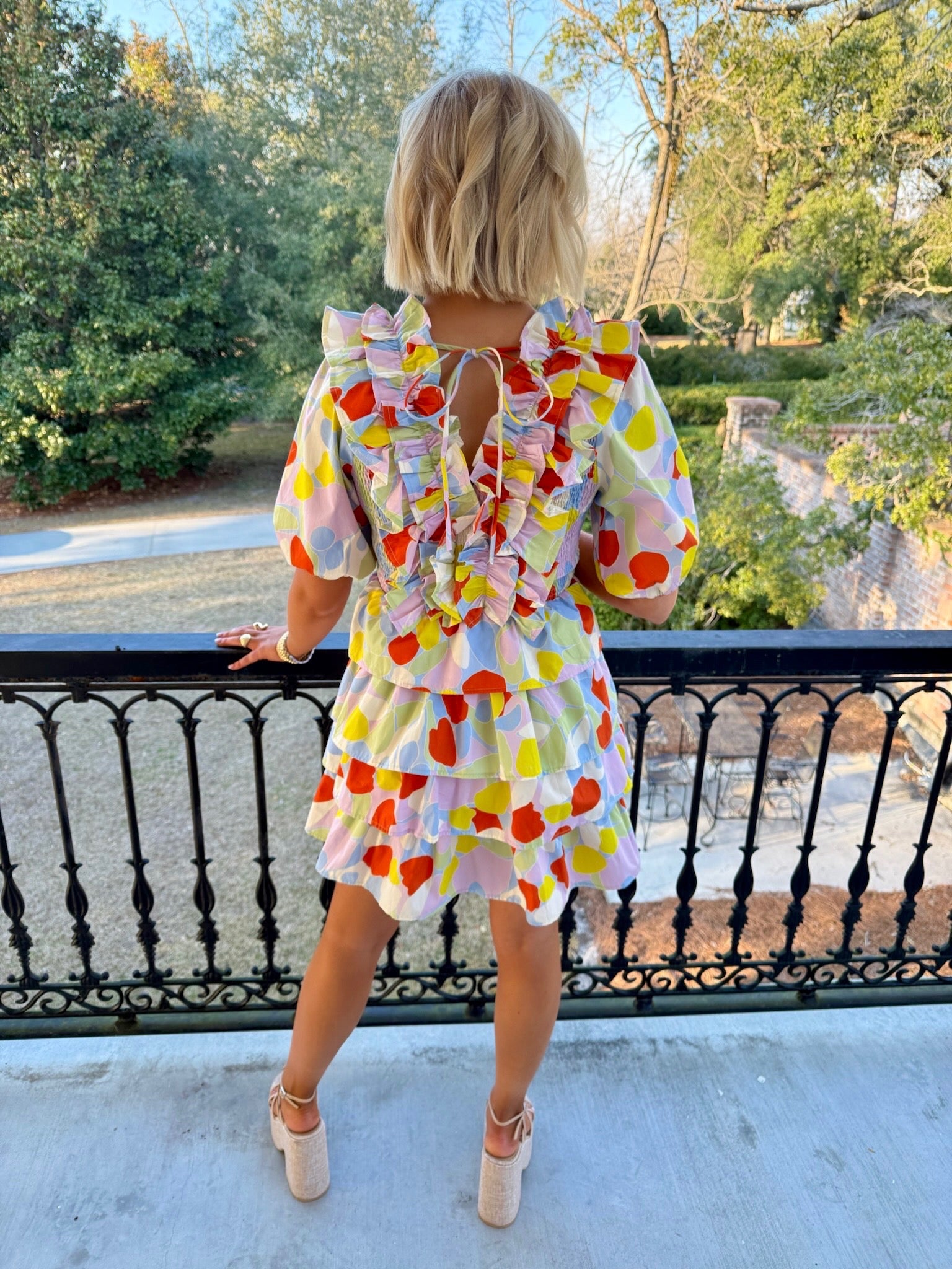 Mosaic Ruffle Vneck Smock Dress