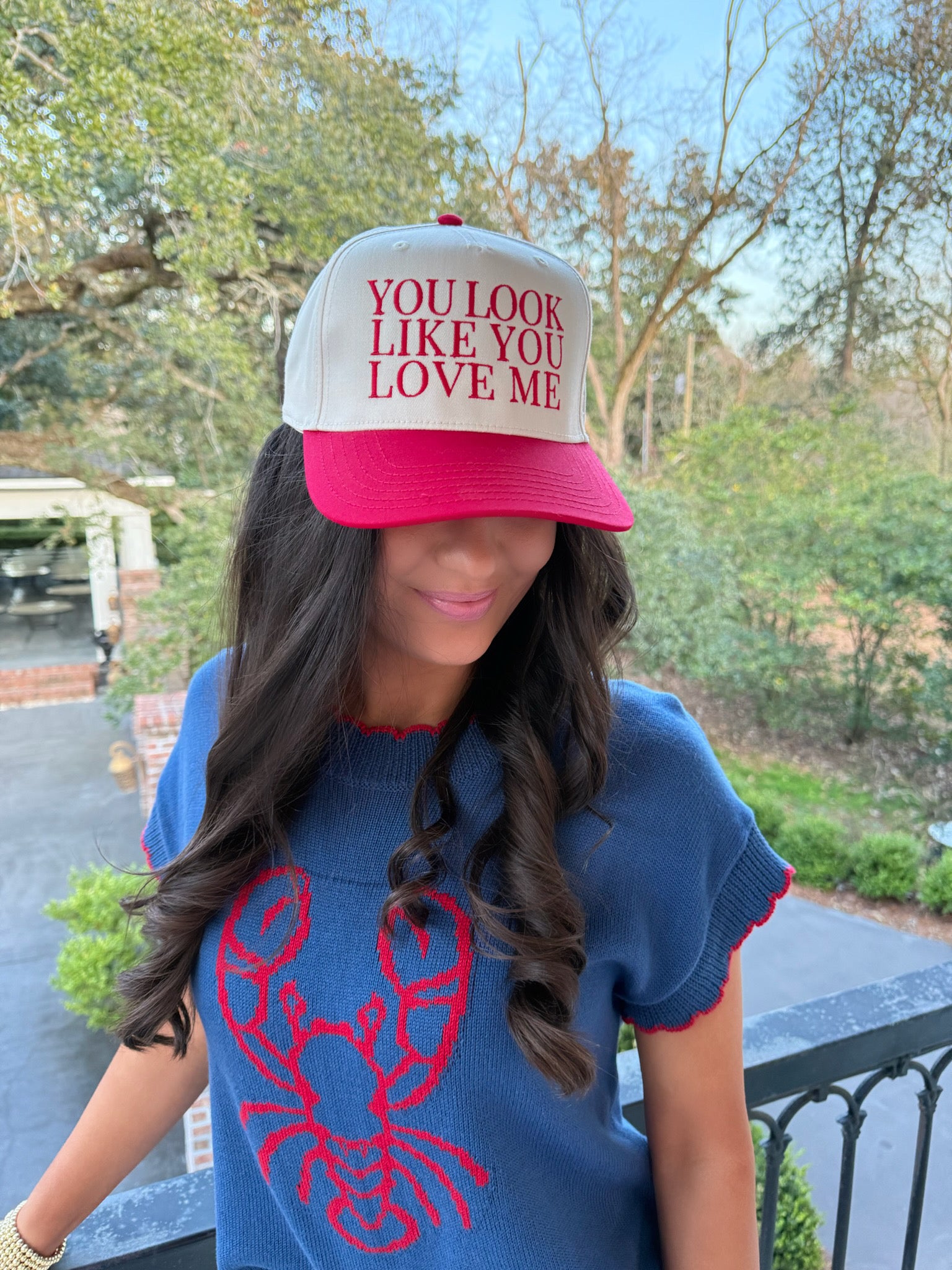 Love Me Embroidered Trucker Hat - Ivory & Red