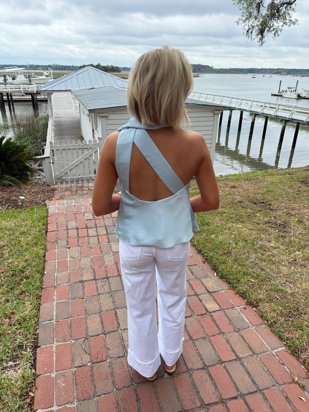Lyla Satin Scarf Top- Baby Blue