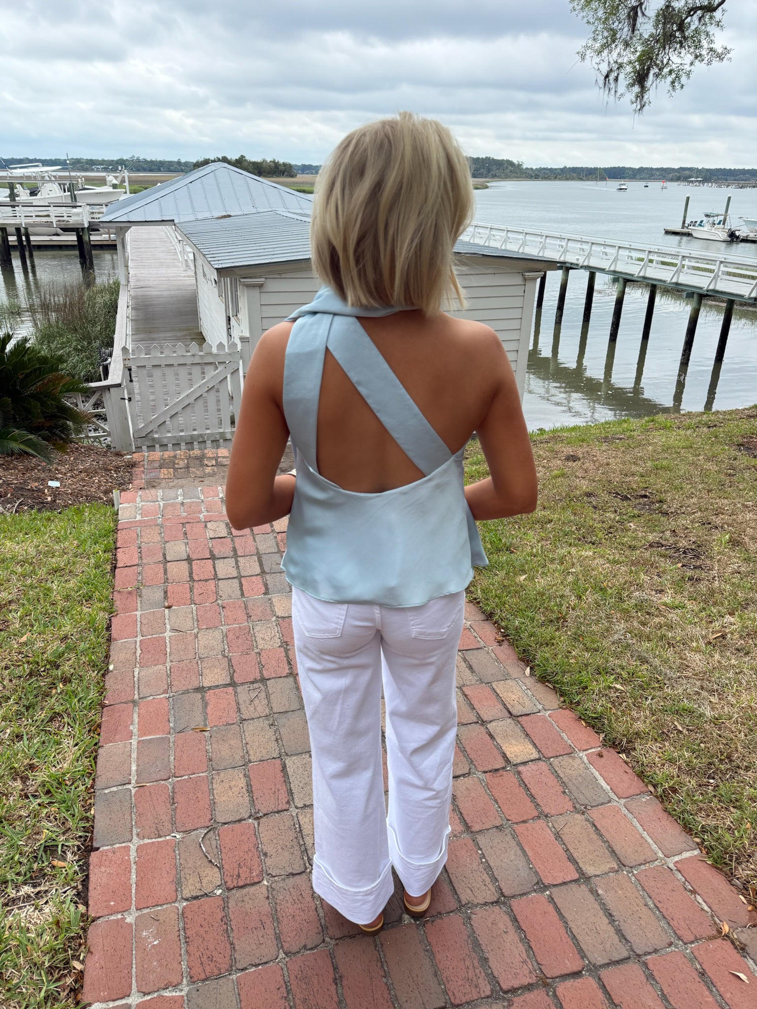 Lyla Satin Scarf Top- Baby Blue