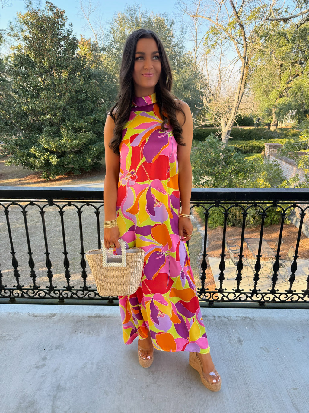 Floral Satin Mock Halter Maxi