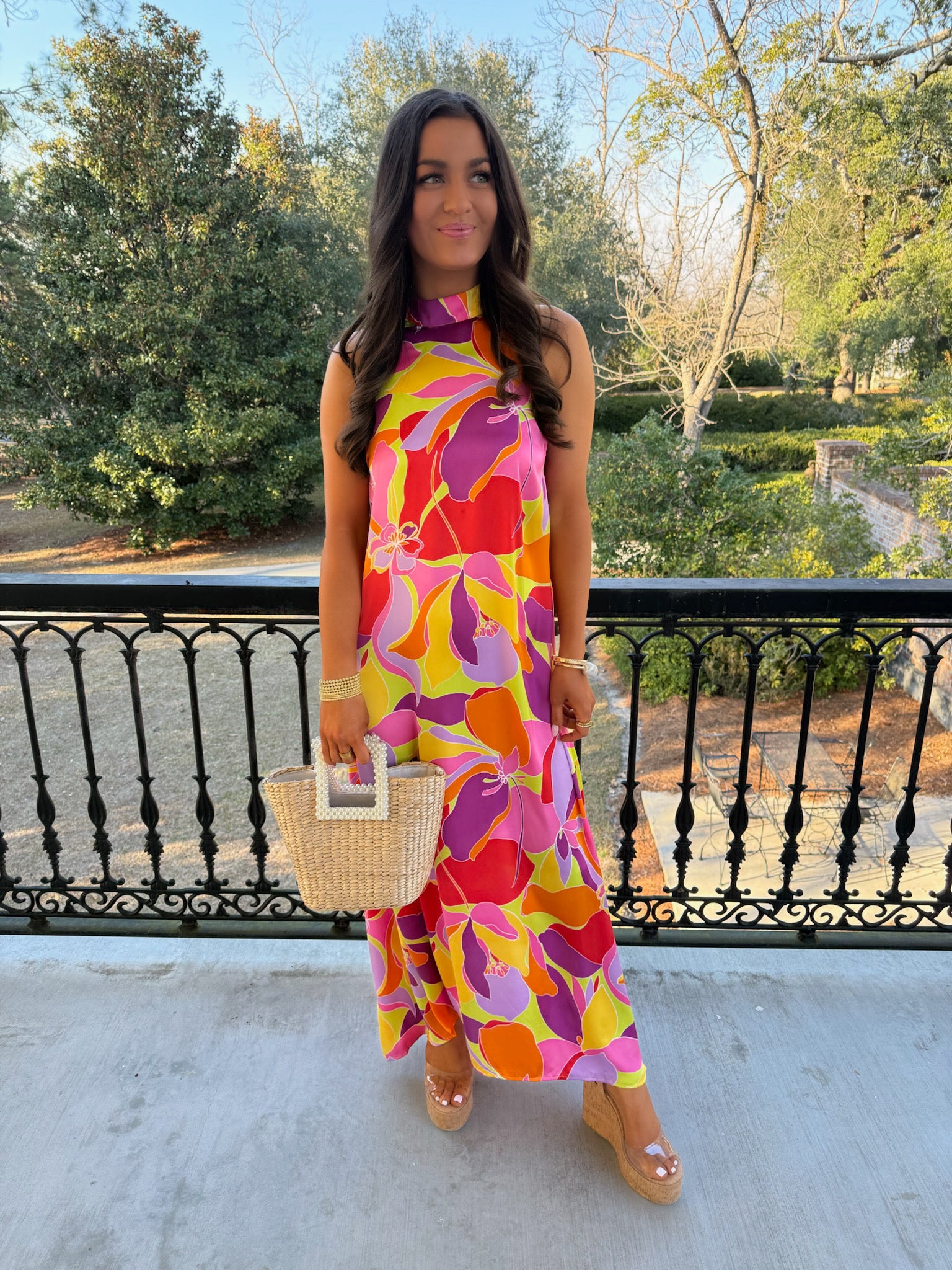 Floral Satin Mock Halter Maxi