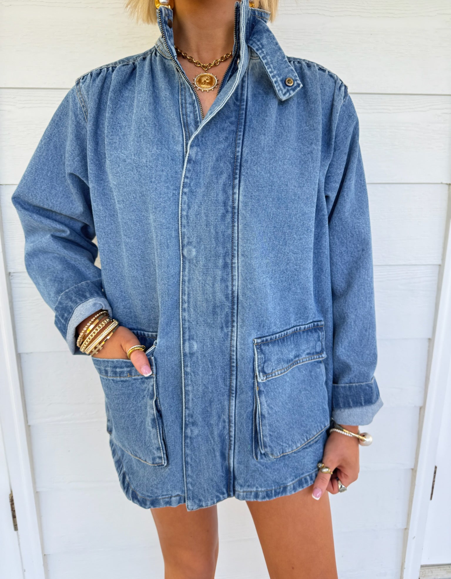 Cleo Button Front Jacket - Denim