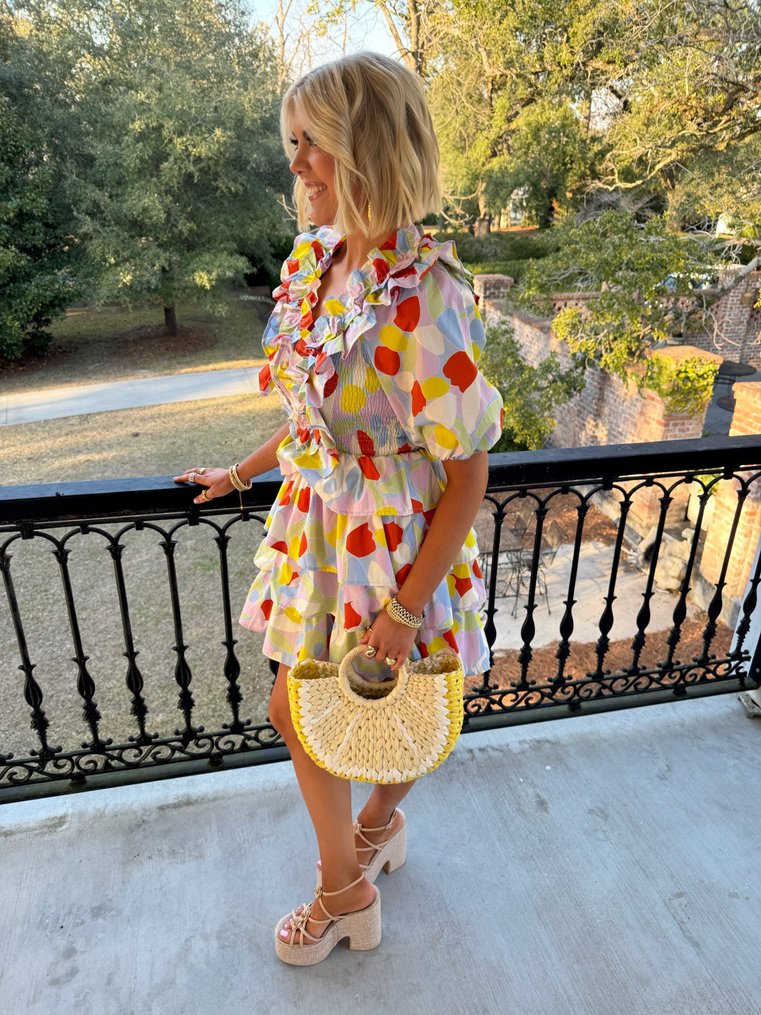 Mosaic Ruffle Vneck Smock Dress