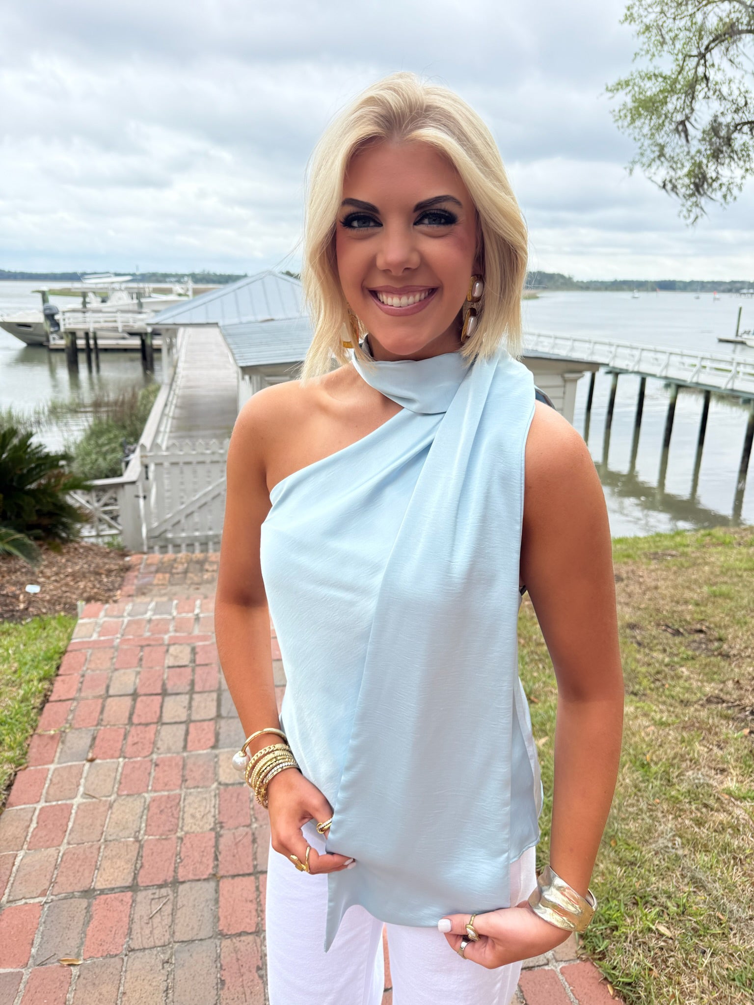 Lyla Satin Scarf Top- Baby Blue