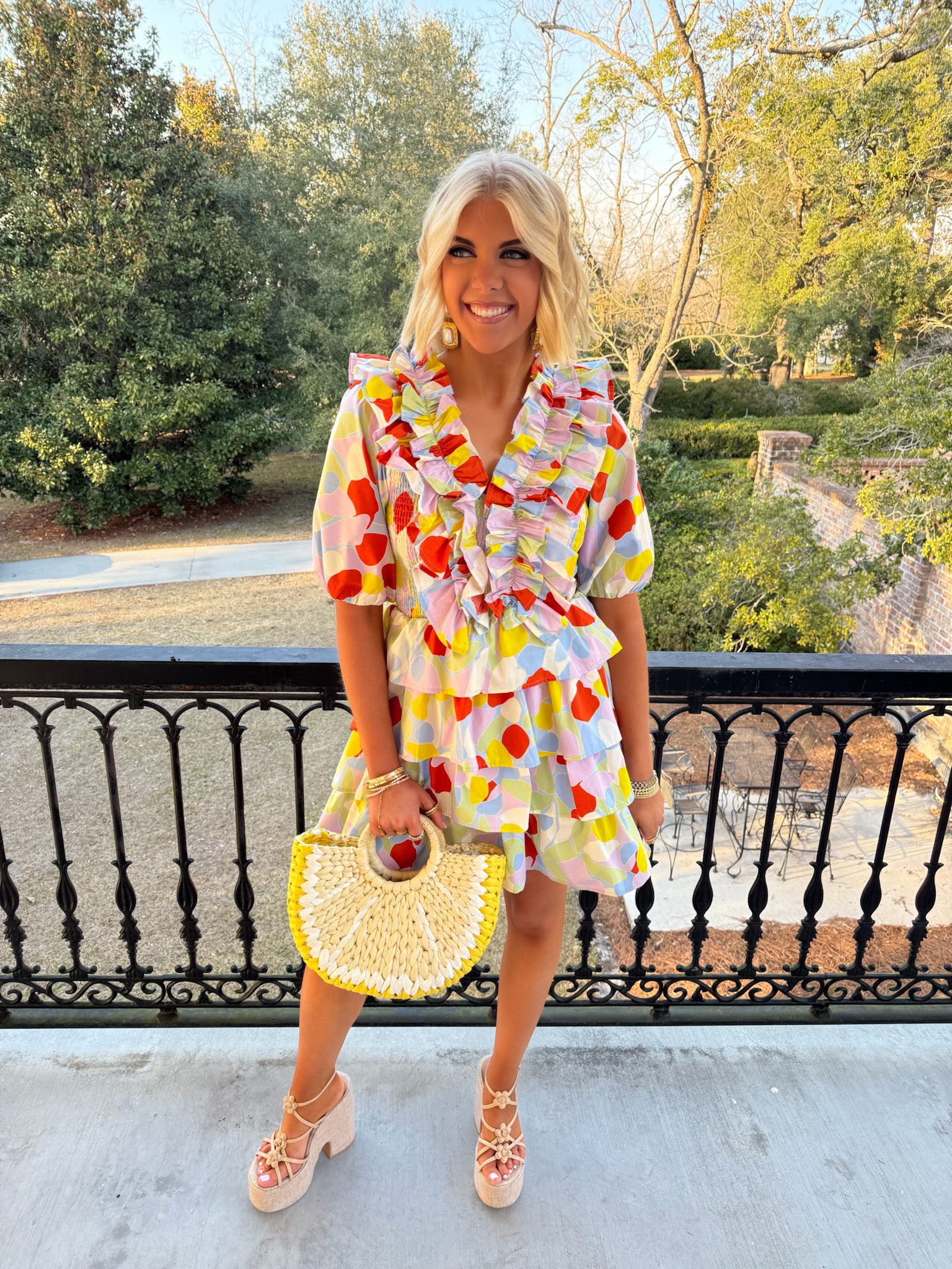 Mosaic Ruffle Vneck Smock Dress