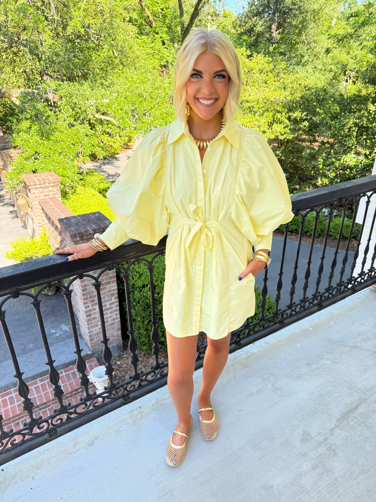 Dolly Puff Sleeve Poplin Dress - Light Yellow