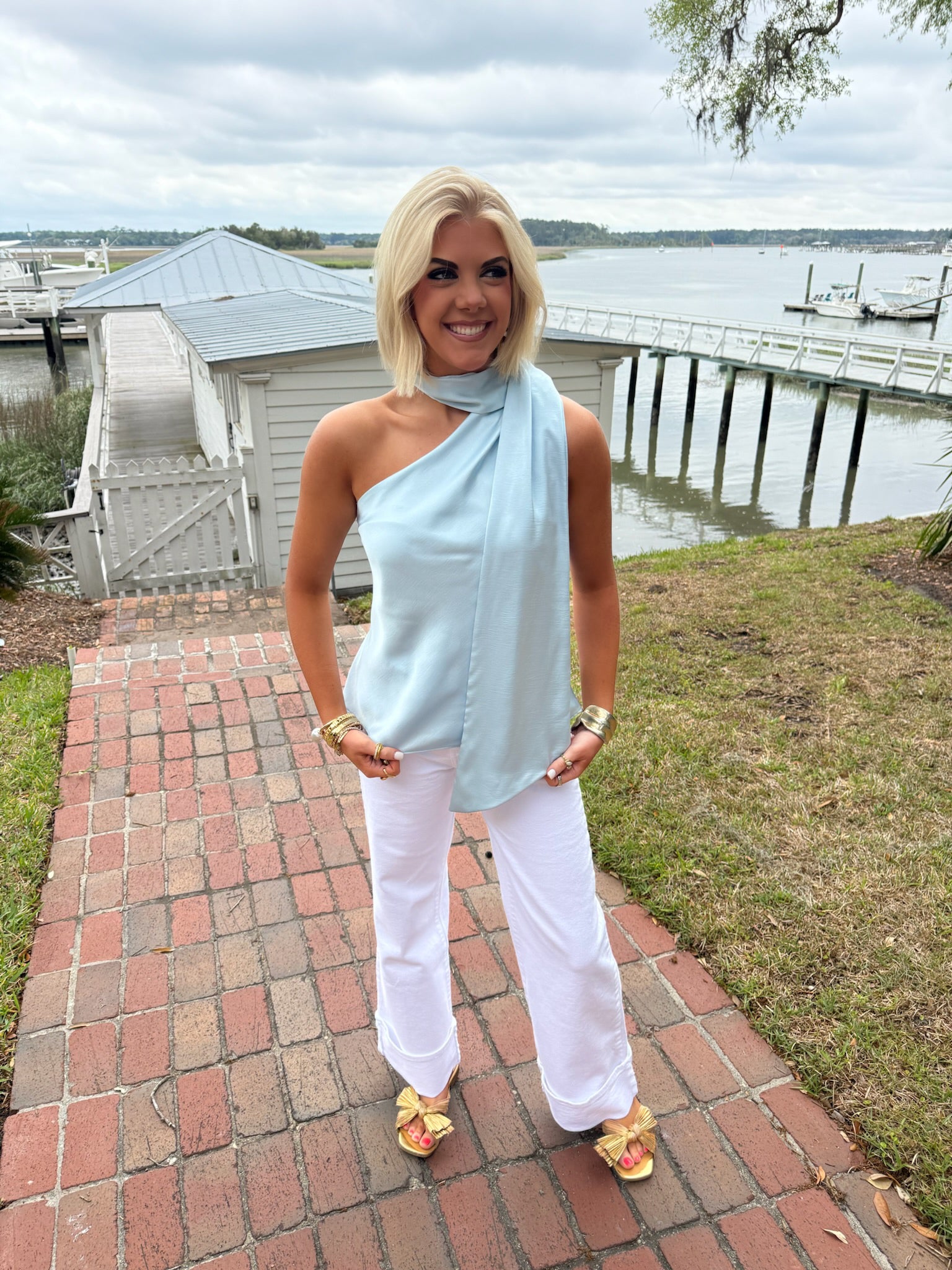 Lyla Satin Scarf Top- Baby Blue