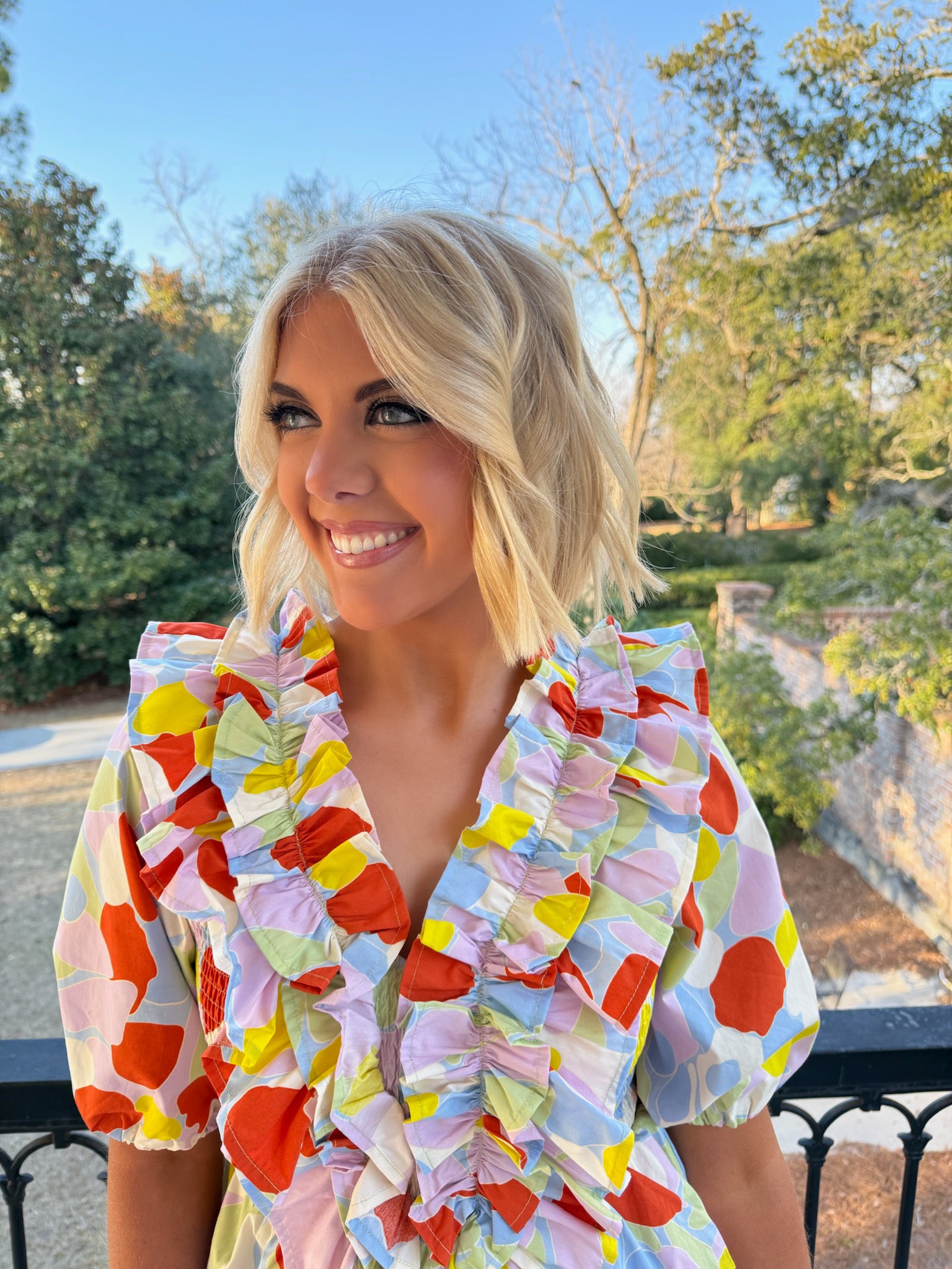 Mosaic Ruffle Vneck Smock Dress