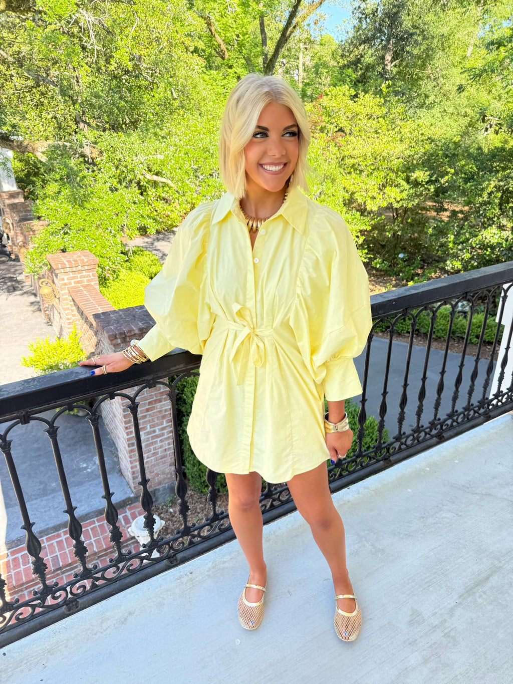 Dolly Puff Sleeve Poplin Dress - Light Yellow