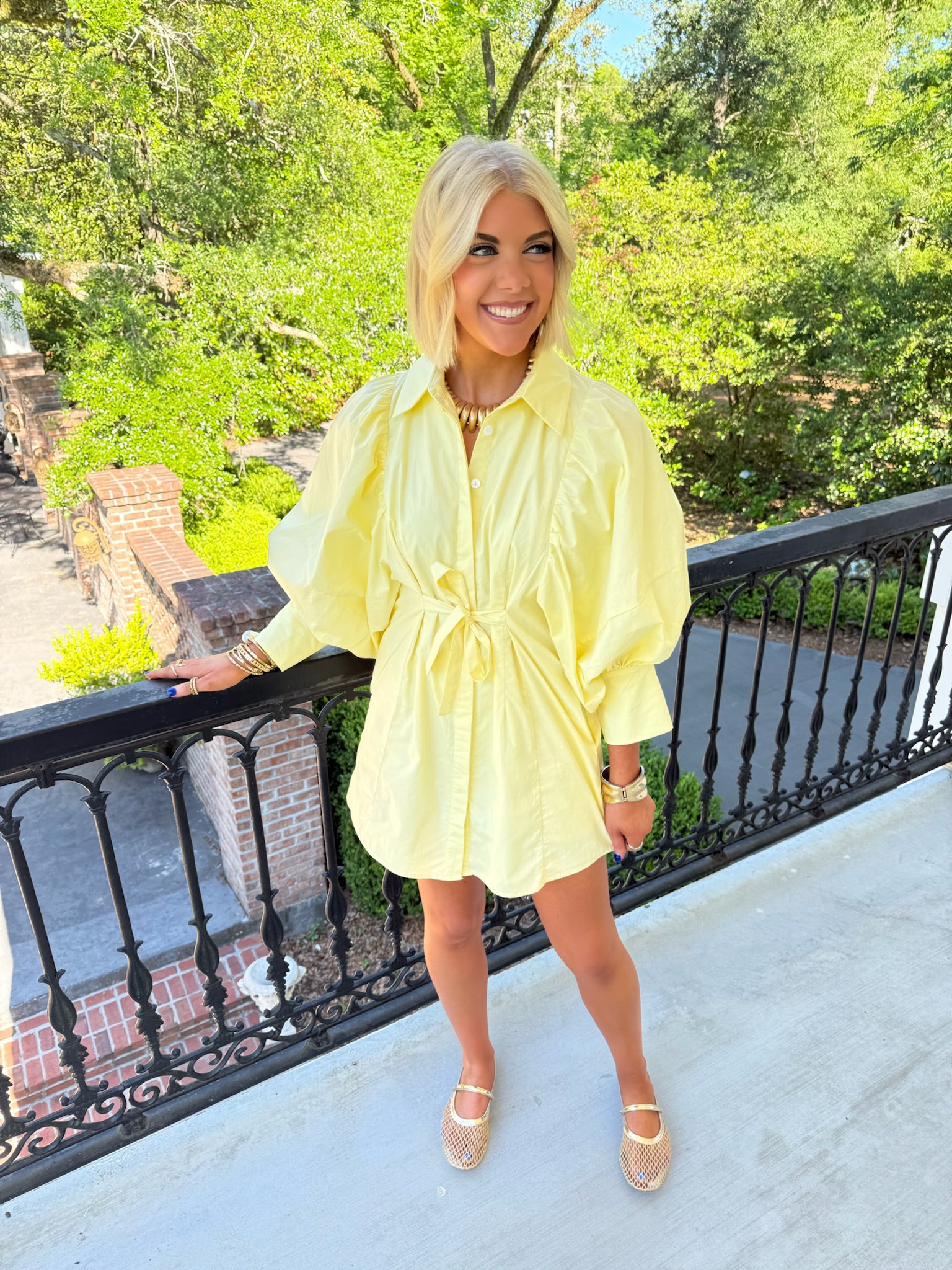 Dolly Puff Sleeve Poplin Dress - Light Yellow