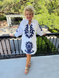 Juniper Floral Appliqué Dress - White & Navy