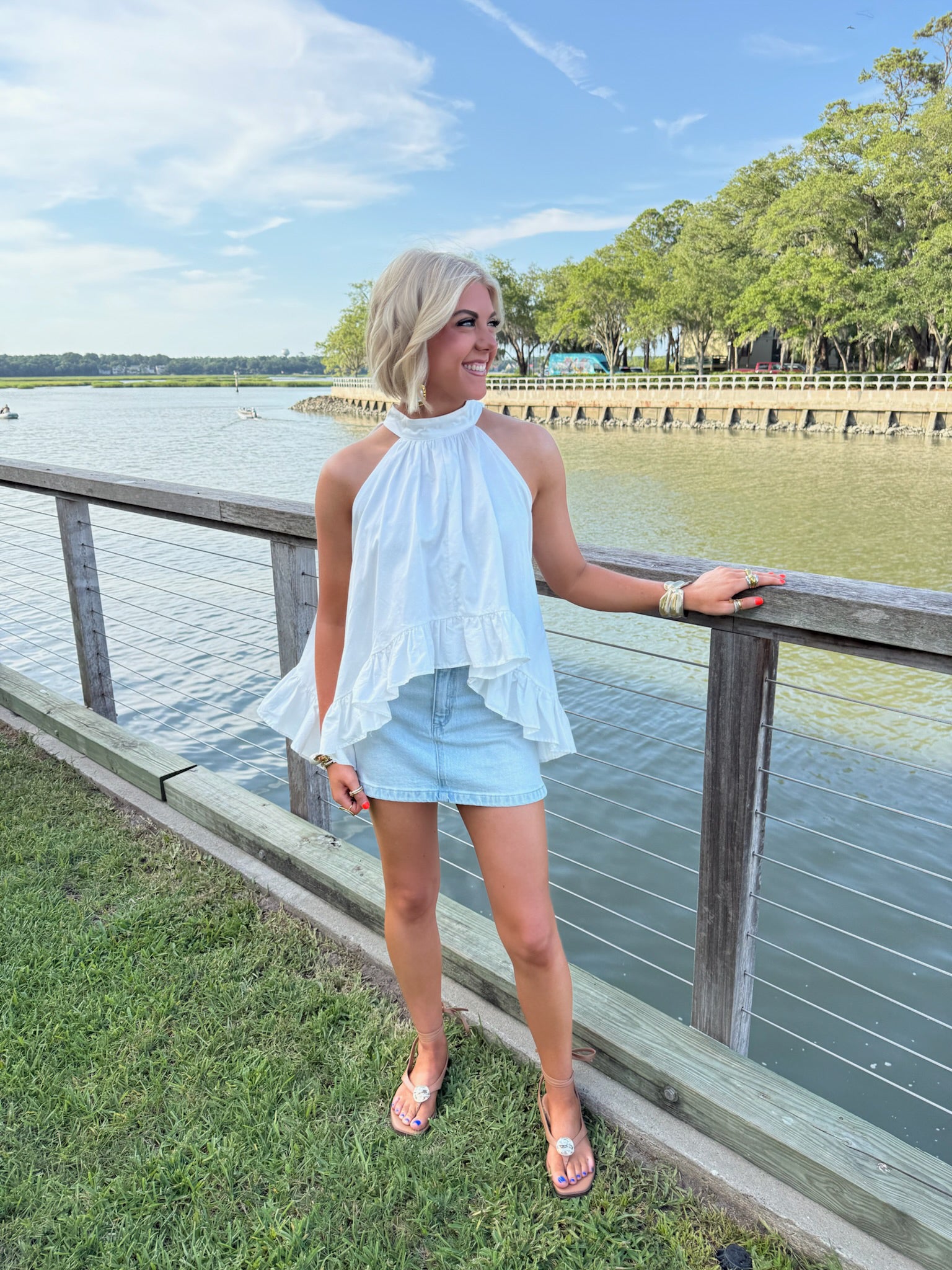 Ambra White Halter Ruffle Top