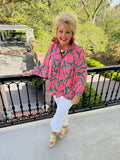 Morgan Pop Collar Top - Pink & Green