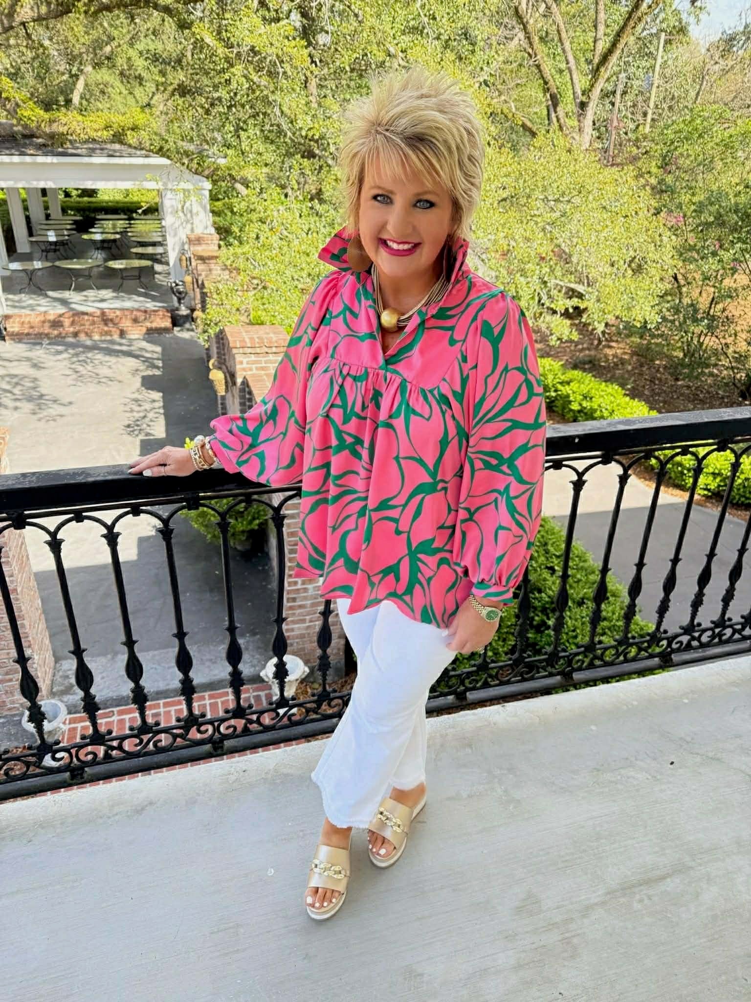 Morgan Pop Collar Top - Pink & Green